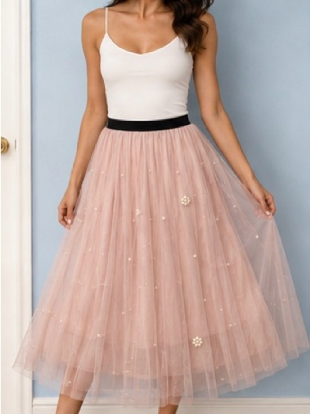 Sadie & Love Blush Pink Pearl Tulle Midi Skirt Size S Romantic Balletcore